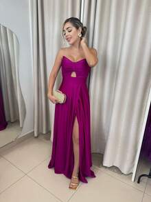 Women's Long Butterfly Dress, Strapless, Trilobal Fabric With Built-In Bra Cups | Party, Bridesmaid, Wedding, Graduation, Debutante | Adjustable Back, Sexy, Elegant, Party, Cutout/Cut, Asymmetrical Knot, Formal And Evening - 玫瑰紅 - 查看 4