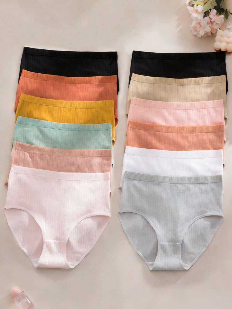 6PCS, Cotton Ribbed Underwear, Random Color, Women's Comfortable Breathable Triangle Panties, Soft And Simple Mid-Waist Thong - Multicolor - View 1