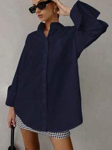 Spring Solid Color Casual Loose Round Pocket Button Women's Long Sleeve Shirt, Spring Autumn Summer Winter Wearable Women's Long Sleeve Shirt, Daily Wear Women's Long Sleeve Tops For Women - Deep Blue - View 1