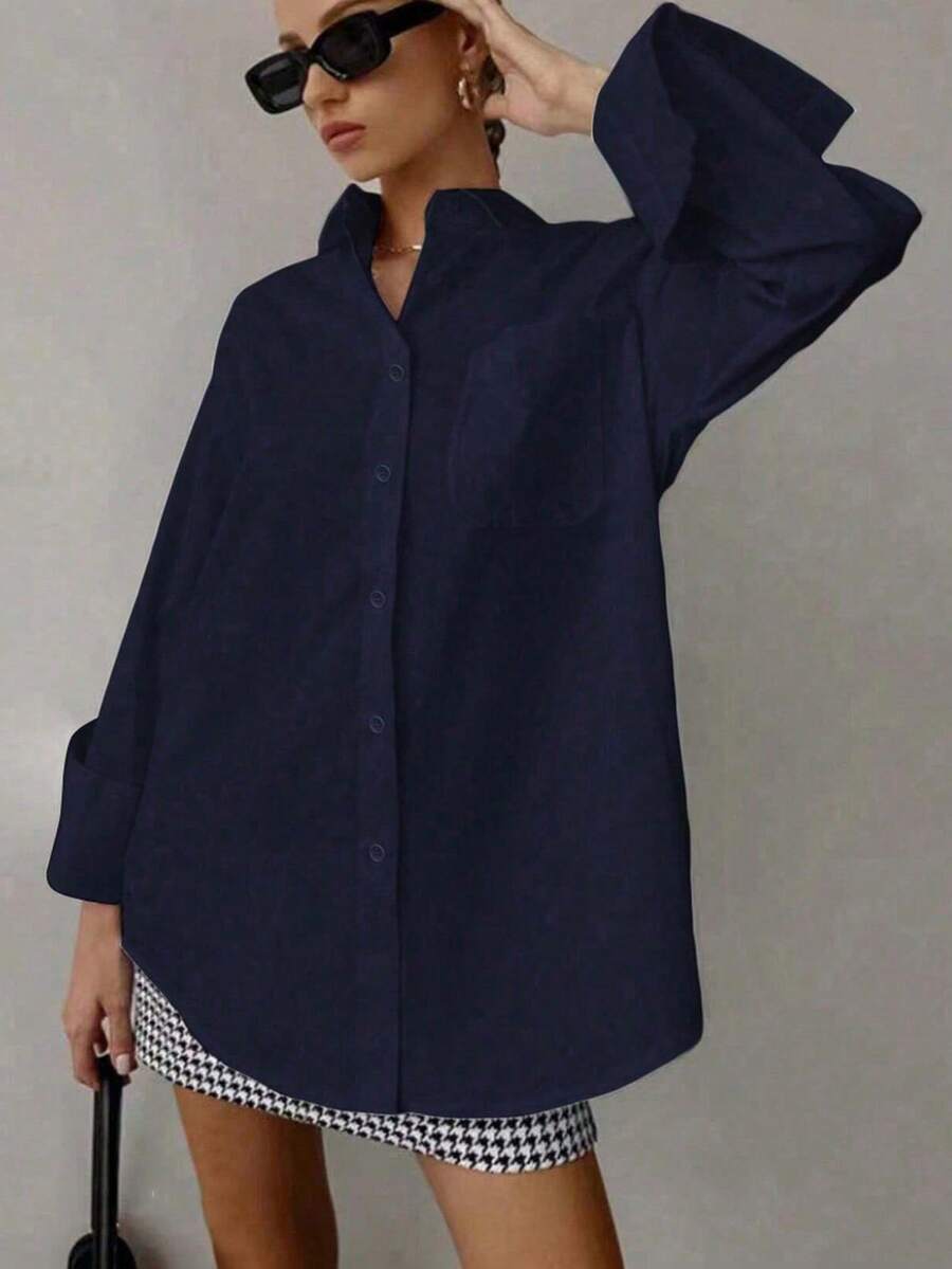 Spring Solid Color Casual Loose Round Pocket Button Women's Long Sleeve Shirt, Spring Autumn Summer Winter Wearable Women's Long Sleeve Shirt, Daily Wear Women's Long Sleeve Tops For Women - Deep Blue - View 1