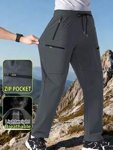 Men's Lightweight Straight Leg Pants, Boyfriend Style With Zipper Pockets, Solid Color Drawstring Waist, Comfortable Breathable Suitable For Outdoor Activities, Casual Wear, Street Fashion, Retro, Vacation, Country, Hip-Hop - Grey - View 2