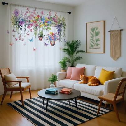 1 pieza Macetero colgante floral 2D colorido con mariposas, ambiente romántico, diseño de poste, material de poliéster, adecuado para casa de alquiler, sala de estar, dormitorio, balcón, cortina decorativa extraíble y lavable a máquina, cortina pequeña para ventana