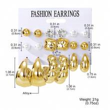 VKME 18件金属材质扭纹珍珠不对称卡片耳环套装，适合女士日常休闲百搭 - XH92825183 - 查看 11