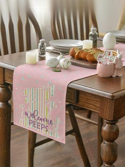 1pc Easter Bunny Pattern Table Runner, Easter Style Table Decor, Linen Material, Available In Multiple Sizes, Suitable For Home Dining, Kitchen Decoration, Home Decor, Outdoor Party And Restaurant Decoration, Textured Linen Appearance