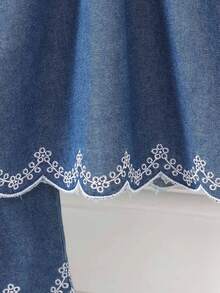 2pcs/Set Toddler Girls Denim Vest Outfit, Fashion New Style Cute Embroidered Ruffle Hem Sleeveless Top And Casual Shorts - Blue - View 4