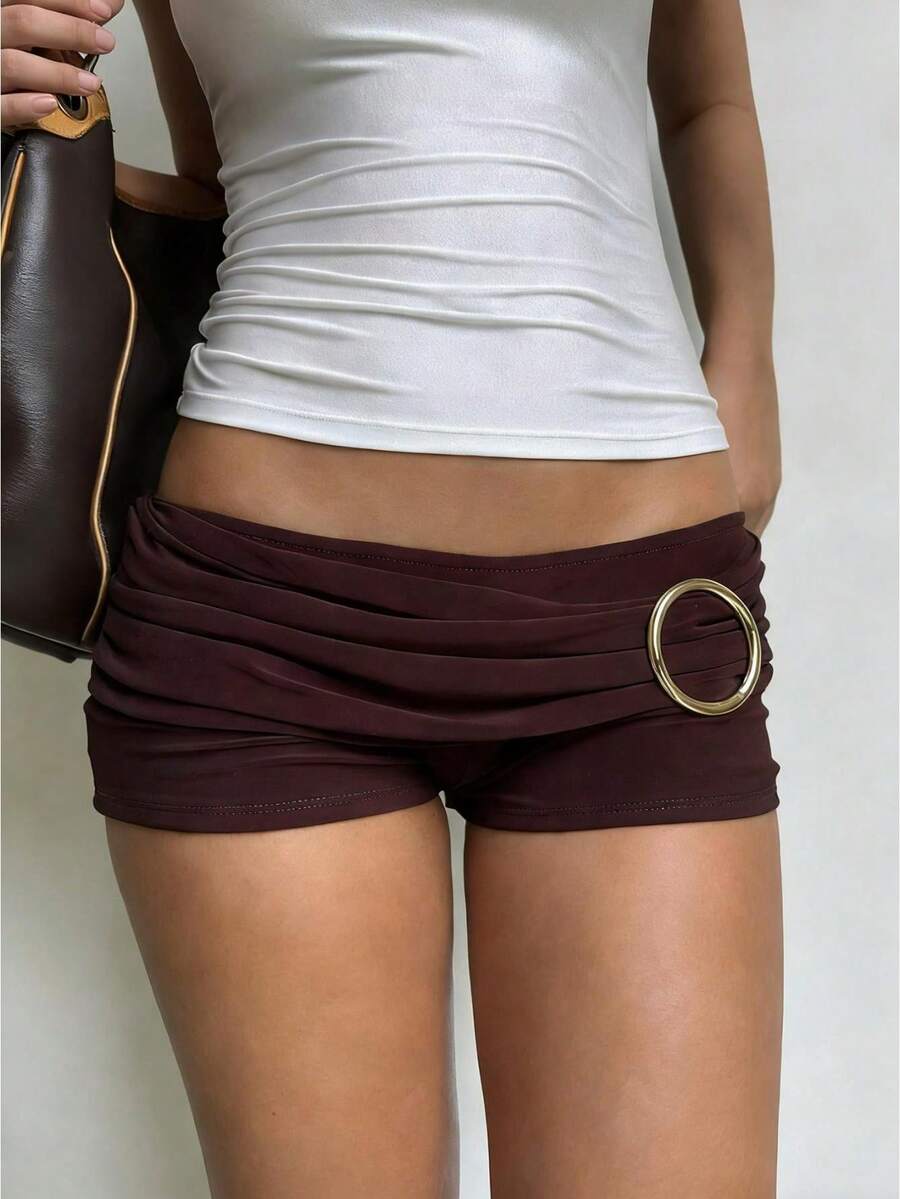 Women's Mini Shorts Elastic Waist Low Rise Summer Ruched Design Ring Decor Skinny Shorts - Brown - View 1