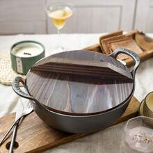 1pc Wok tradicional chino con tapa de madera, olla antiadherente, sartén de hierro fundido, utensilios de cocina - Negro - Ver 5