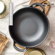 1pc Wok tradicional chino con tapa de madera, olla antiadherente, sartén de hierro fundido, utensilios de cocina - Negro - Ver 6