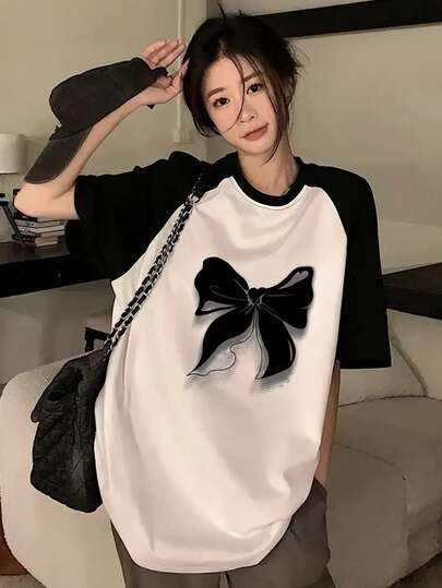 Y2K Casual Loose Butterfly Print Colorblock Short Sleeve T-Shirt, Comfortable Daily Street Style For Women And Students, Spring/Summer