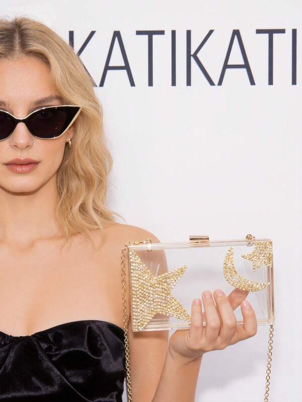 Bolso de embrague transparente con strass con diseño de estrellas y lunas, una opción elegante para fiestas de compromiso, cheongsam y vestidos de gala. Un imprescindible para cenas elegantes de damas distinguidas. Bolso transparente con textura Aurora y diseño cuadrado exquisitamente brillante, con bolso de caja transparente con incrustaciones de strass.