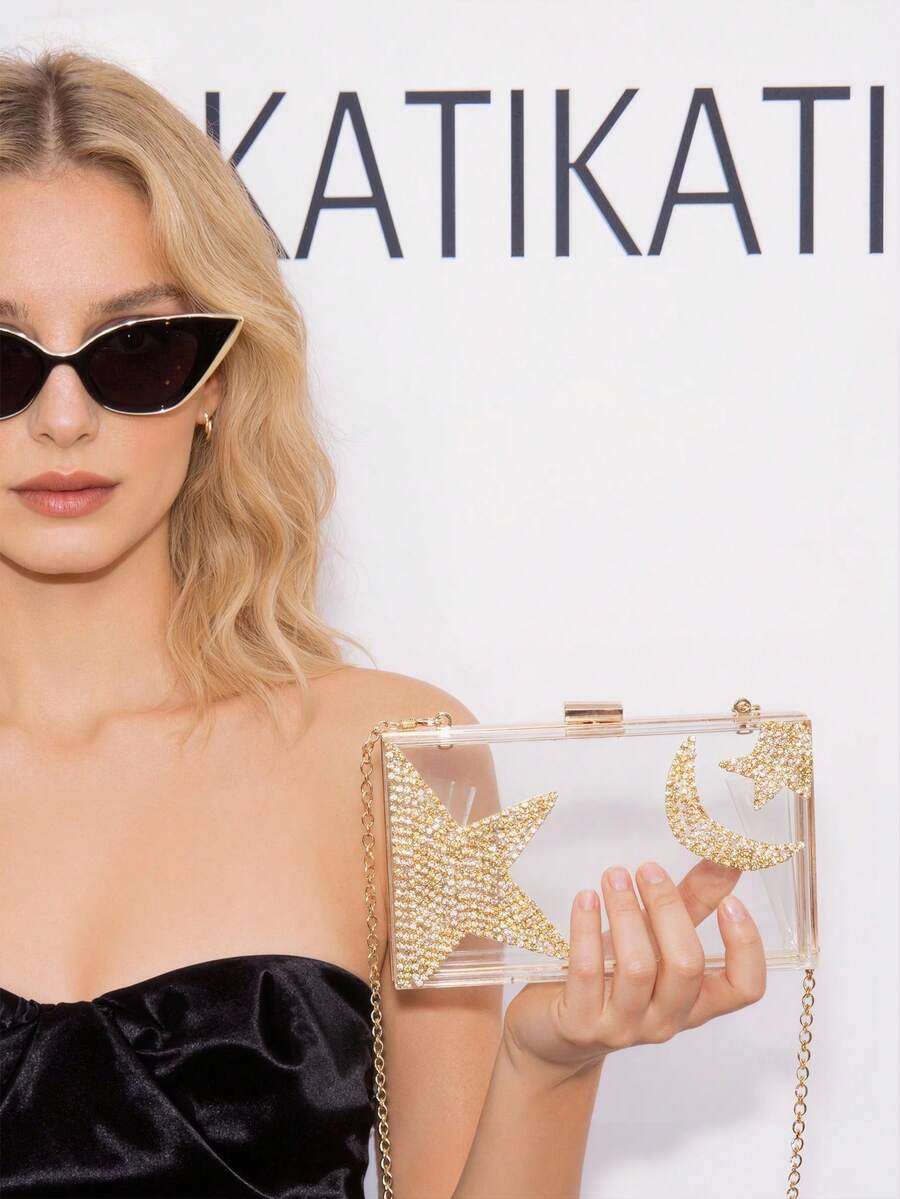 Tas Clutch Transparan Bertabur Berlian Imitasi Motif Bulan Berbintang, Tas Tangan Mewah Elegan, Barang Penting untuk Pesta Pertunangan, Cheongsam dan Gaun Malam Formal, Cocok untuk Acara Gala Wanita Anggun, Desain Tas Kotak Transparan Bertabur Berlian Imitasi Motif Bulan Berbintang yang Indah, Bahan Aurora, Dihiasi dengan Berlian Imitasi Persegi - Clear - View 1