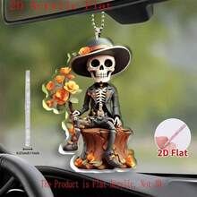 1 2D Flat Skull Acrylic Hanging Ornament With Floral Decoration, Car Hanging Decoration, Holiday Tree Decoration Pendant, Home Decoration Supplies - 1pc - View 2