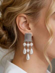 Mazuer 一对18K镀金不锈钢仿珍珠水滴形流苏耳环，适合女士参加派对、宴会和舞会佩戴。 - 彩色 - 查看 1