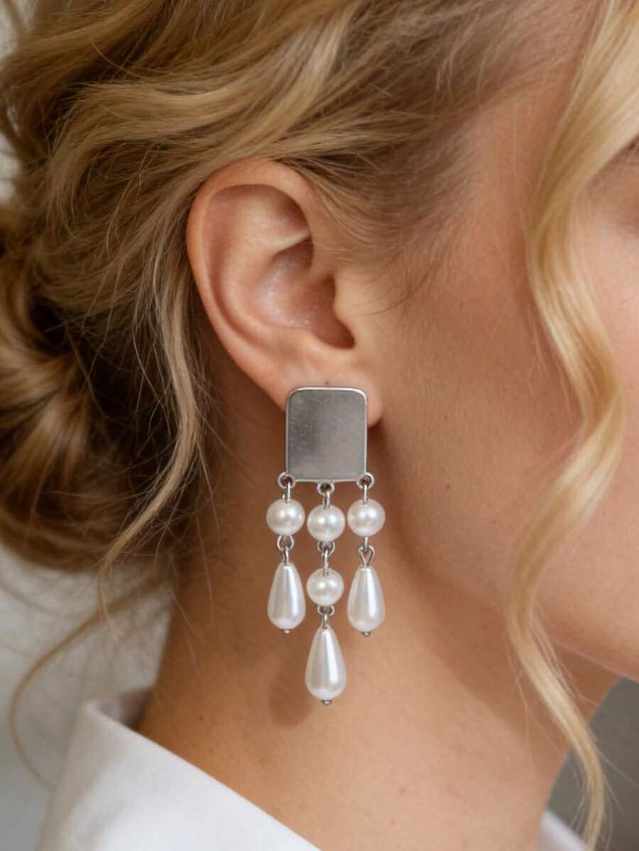 Mazuer 一对18K镀金不锈钢仿珍珠水滴形流苏耳环，适合女士参加派对、宴会和舞会佩戴。 - 彩色 - 查看 1