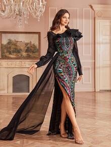 Women's Sequin Patchwork Asymmetric Neck Long Sleeve Bodycon Maxi Dress - Black - View 5