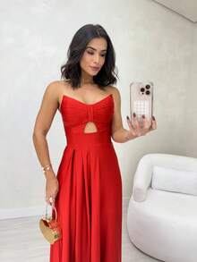 Women's Long Butterfly Dress, Strapless, Trilobal Fabric With Built-In Bra Cups | Party, Bridesmaid, Wedding, Graduation, Debutante | Adjustable Back, Sexy And Elegant, Party, Cutout/Cut, Asymmetrical Knot, Formal And Evening - 紅色 - 查看 3