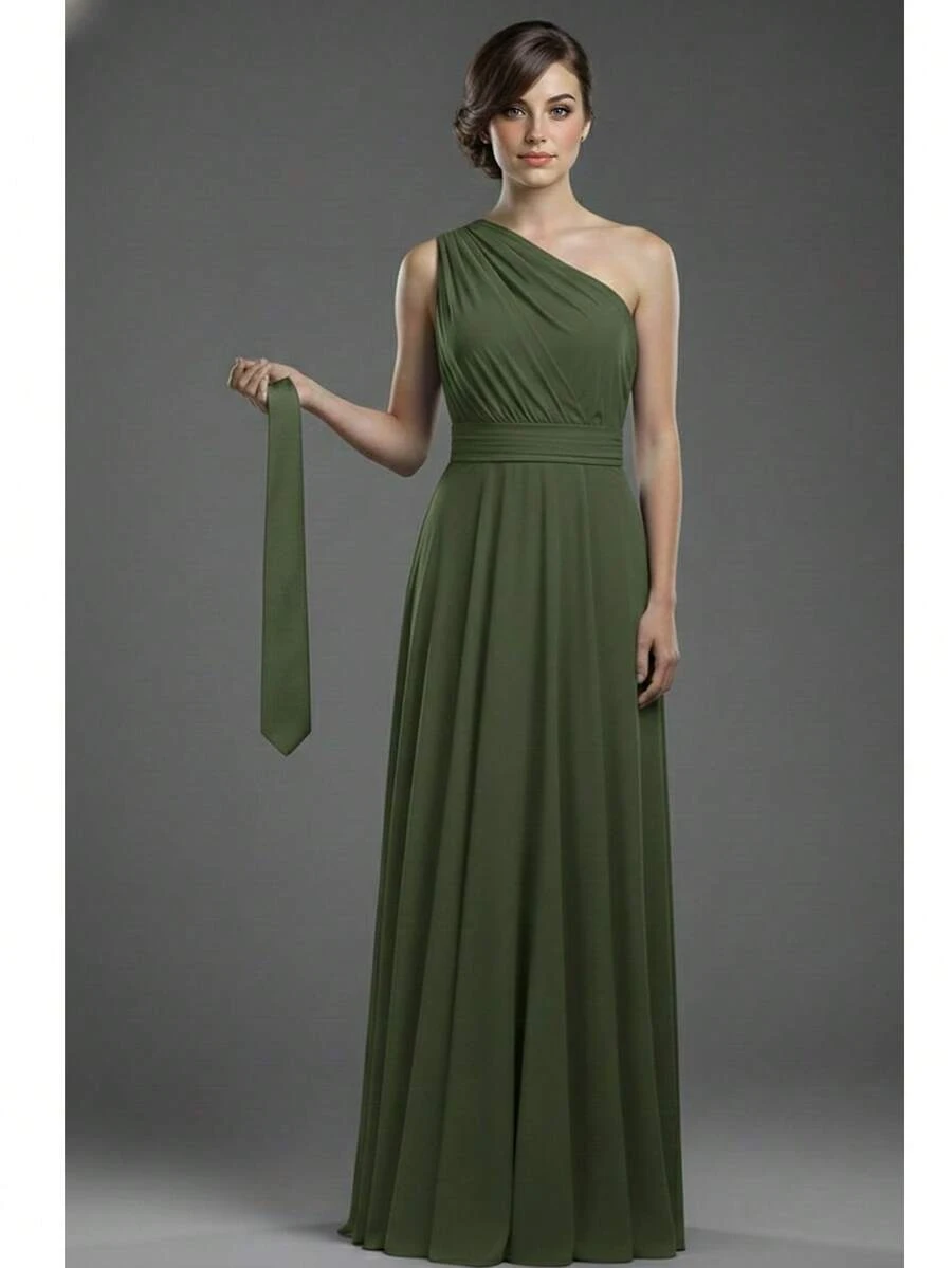 Cheap Long Dress For Bridesmaid, Dull Mule In Fluted Color With Tie In The Same Color For Groomsman - Màu xanh Ô liu - Xem 1