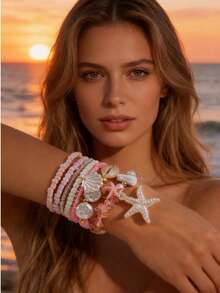 imoli 7pcs/Set Fashionable Bohemian Ocean Style Multi-Layer Glass Bead, Resin Starfish & Shell Bracelet Set, Suitable As Beach Party Jewelry Gift For Women - Pink - View 4