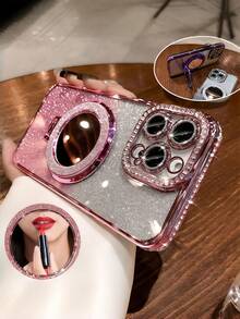 Phone Case: Luxury Rhinestone Transparent Glitter Magnetic Protective Case, Compatible With Apple 16/15/14/13/12/11 Pro Max/15/16 Plus/SE4, Mirror Magnetic Bracket Soft Shell - Pink - View 1