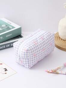 1 pieza Estuche de lápices elegante con diseño de lazo a cuadros rosa, bolsa de almacenamiento de papelería para estudiantes, decoración de escritorio y artículo esencial para oficina, imprescindible para volver a la escuela - Una pieza - Ver 15