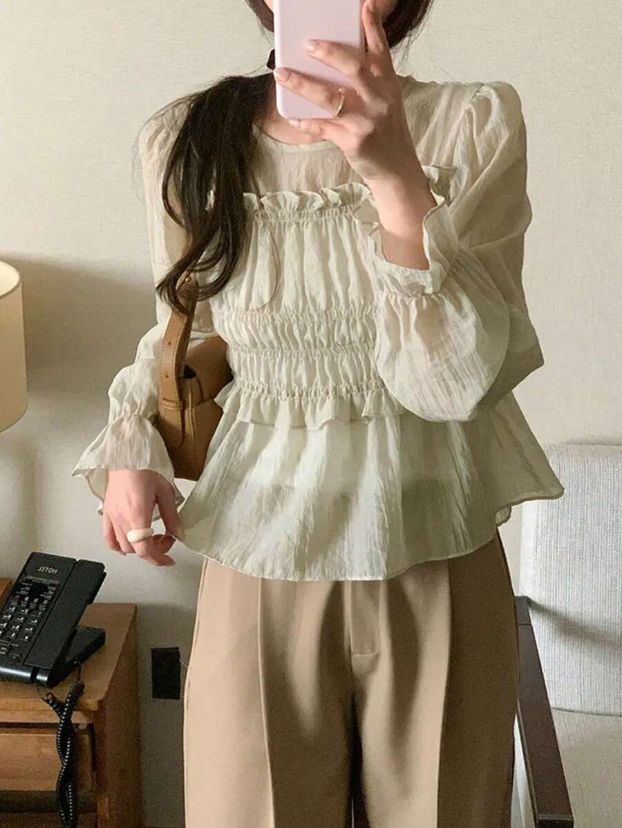 Áo kiểu chiffon dáng suông, tay phồng, phong cách Hàn Quốc mùa xuân, lãng mạn, ngọt ngào, điểm xuyết bèo nhún, viền eo xếp ly. - Màu be - Xem 1