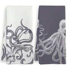 Coastal Grey Octopus Beach Decor Dish Hand Tea Towels For Bathroom Kitchen, Gir Ly Octopus Ocean Nautical Beachy Bathroom Decor, Coastal Kitchen Towels And Dishcloths Sets Of 2, 16x24 Inch - 灰色 - 查看 1