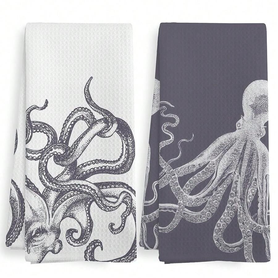 Coastal Grey Octopus Beach Decor Dish Hand Tea Towels For Bathroom Kitchen, Gir Ly Octopus Ocean Nautical Beachy Bathroom Decor, Coastal Kitchen Towels And Dishcloths Sets Of 2, 16x24 Inch - 灰色 - 查看 1