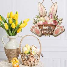 1pc Easter Wreaths For Front Door Bunny Welcome Wood Sign Door Hanger Spring Decorations Easter Hanging Plaque Rabbit Sign Decorations For Home Shop Garden - Multicolor - View 3