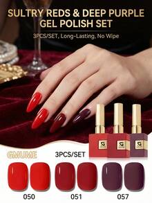 GMUME 3件組 16ml 經典紅色凝膠指甲油套組 No.050 051 057 鮮紅與酒紅，適合情人節、聖誕節、婚禮派對美甲，需搭配底膠與封層，UV LED 凝膠 3 步驟法 - 彩色 - 查看 2