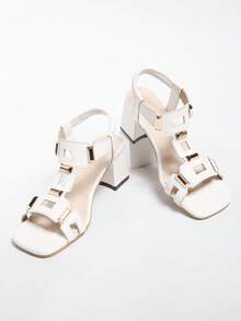 Chunky Heel Roman Sandals For Women, New Summer Casual Versatile Square Toe One-Strap High Heel French Style Sandals - White - View 6
