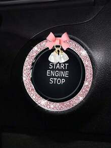 1pc Car One Click Start Decoration Sticker Interior Button Inlaid With Diamond Bow Crystal Bell Pendant Ignition Ring - 粉紅色的 - 查看 10