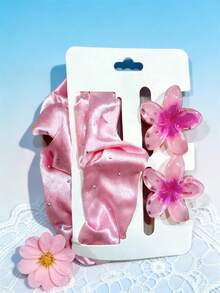 Set Of 2 Flower Hair Clips (4cm) + 1 Satin Hair Tie With Rhinestones - 3Kit aleatório - 查看 2