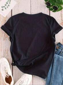 Camiseta Feminina Blusa Coração 100 % Algodão Malha Premium Manga Curta Camisa Gola Redonda - Preto - Visão 2