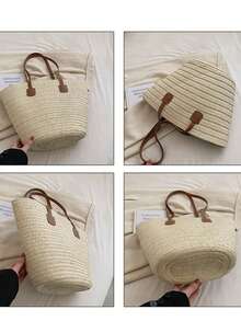 Large Capacity Straw Bag For Casual Vacations, Beach, Portable, New Fashion Woven Shoulder Bag - Beige - View 5