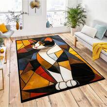 Abstract Cat Area Rug, Modern Geometric Cat Art Carpet, Colorful Living Room Decor, Animal Lover Gift Rug, Washable Rug, Non Slip Rug - 彩色 - 查看 5