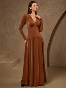 Women's Elegant High Stretch V-Neck Ruched Bust Knit Maxi Dress – Ideal For Date Night, Romantic Holidays, Office Party & Spring Event Looks - Coffee Brown - View 7