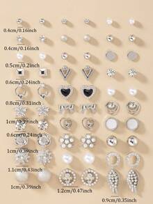 30 Pairs Women's Delicate Metal Tree, Shell, Pearl, Heart Shaped Earrings Set - Silver - View 6