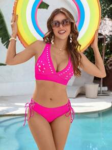 Women's Bikini Set Two Piece Swimsuit Modest Bathing Suit Petal Hollow V Neck Top String Mid Rise Bottom - 玫紅色 - 查看 3