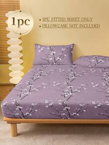 1pc Purple Plum Blossom Pattern Fitted Bedsheet, Elegant Mattress Protector, Suitable For Valentine's Day, Fits All Bed Sizes - Double, Full, Queen, King, 11.8 Inch Deep Pocket, Soft Breathable, Wrinkle-Resistant, Sleep-Promoting, Machine Washable, Ideal For Dorm Use - Purple - View 2