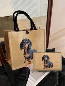 腊肠犬印花亚麻手提袋和化妆包套装，可爱狗狗主题购物袋搭配同款小化妆包，大容量手提袋+小巧化妆包设计，可重复使用，适合携带日常必需品、宠物用品，是腊肠犬爱好者、学生、送礼佳品的理想之选，非常适合日常外出、遛狗、购物、野餐和狗狗主题活动。 - 彩色 - 查看 2