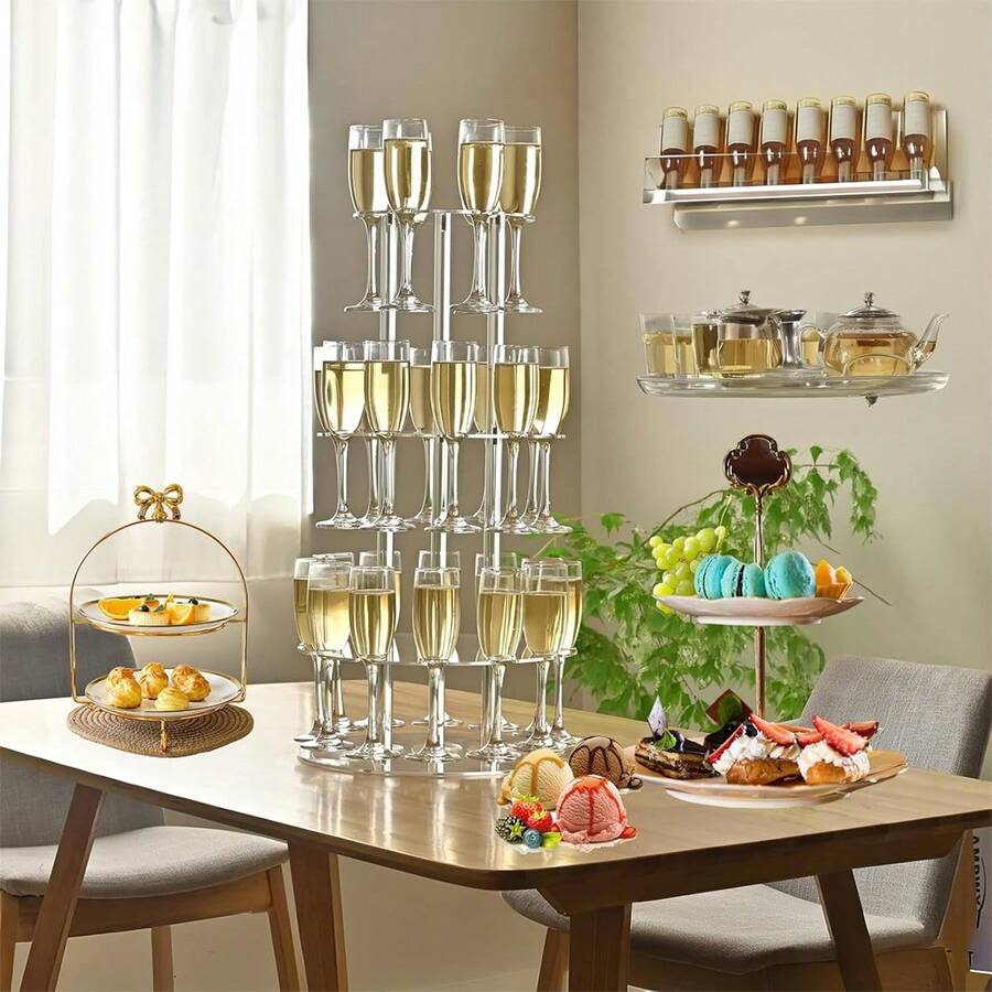 1 Set Acrylic 3-Tier Champagne Tower, Wine Glass Display Rack, Stemware Holder, Tabletop Champagne Cup Stand, Suitable For Wedding, Birthday, Party, Back To School, Cocktail Display - Transparent - View 1