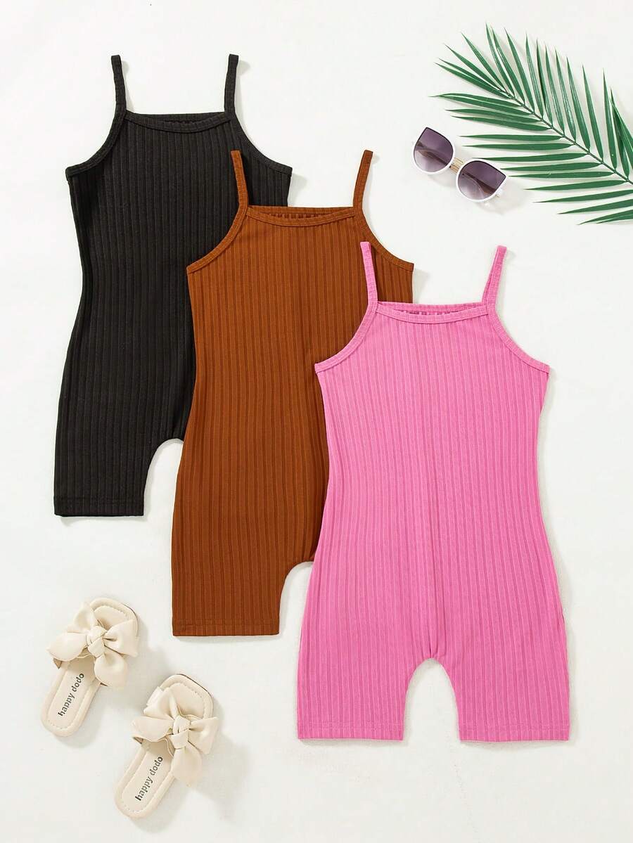 3pcs/Set Jumpsuit Camisole Bergaris Warna Polos Kasual Slim Fit untuk Anak Perempuan - Hot Pink - View 1