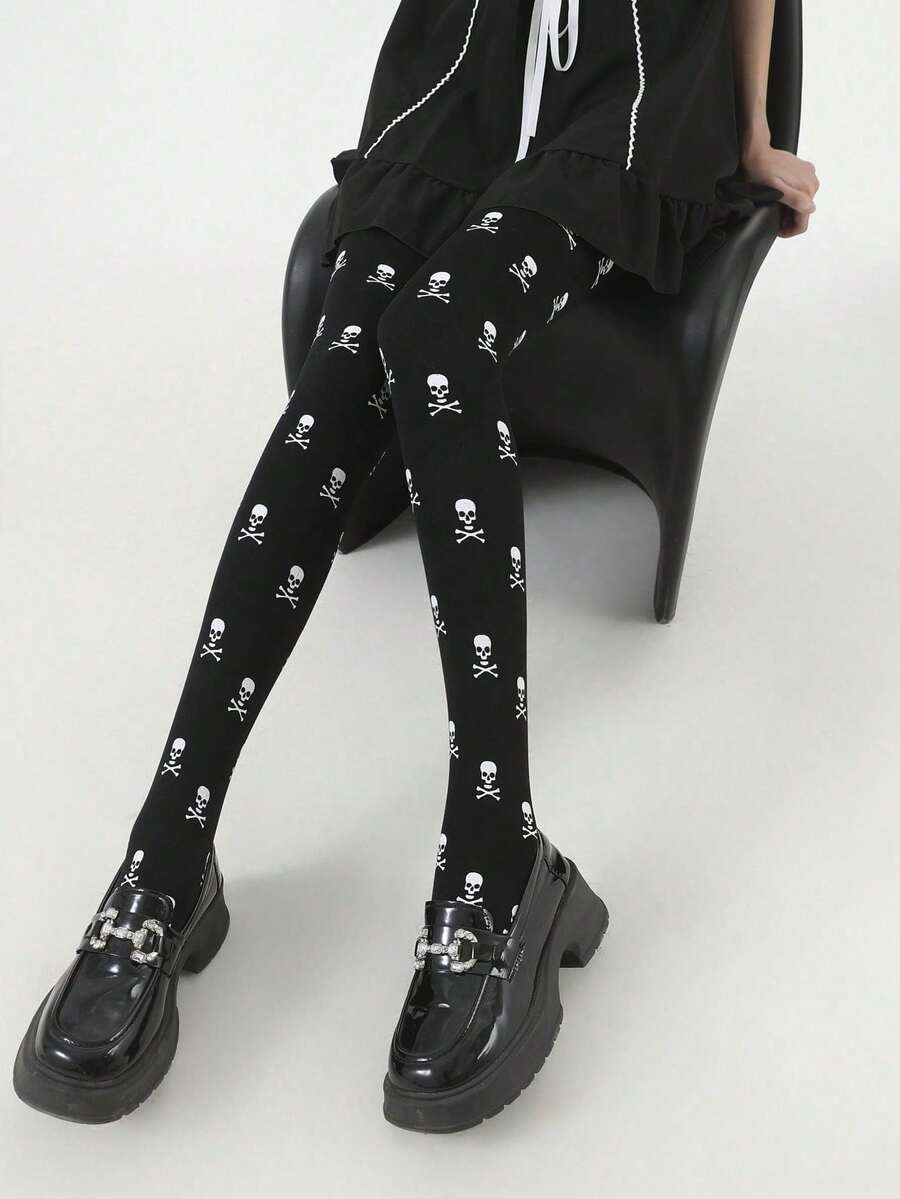 1 Pair Niche Gothic Skeleton Tights, Skin-Friendly Breathable, Suitable For Daily Goth Style - Multicolor - View 1