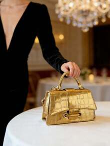Gold Crocodile-Texture Top Handle Bag | Elegant Structured Shoulder Bag With Detachable Strap & Front Flap Closure | Chic Metallic Evening Purse For Women, Parties, Weddings, Date Nights | Premium Look Designer Style Handbag Shine In Style With This Stunning Gold Crocodile-Texture Handbag ! Featuring A Sleek Structured Silhouette And A Sophisticated Metallic Finish, This Versatile Bag Includes Both A Chic Top Handle And A Detachable Adjustable Shoulder Strap For Multiple Carrying Options. The Elegant Front Flap With A Secure Clasp Closure Adds A Touch Of Luxury, Making It Perfect For Special Occasions Like Weddings, Parties, Date Nights, Or Evening Events. Crafted With Attention To Detail And A Premium Look, This Bag Pairs Effortlessly With Dresses, Suits, Or Casual-Chic Outfits. - Nhiều màu - Xem 2