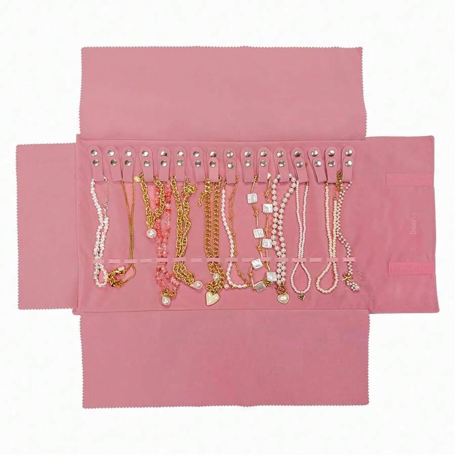 UnionPlus Velvet Travel Jewelry Roll Bag Organizer For Necklace, Elastic Band And Anti-Winding, Blush Pink - BlushPink - View 1