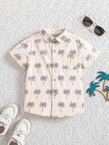 Young Boy Summer Casual Beach Vacation Coconut Tree Print Short Sleeve Shirt - Apricot - View 1
