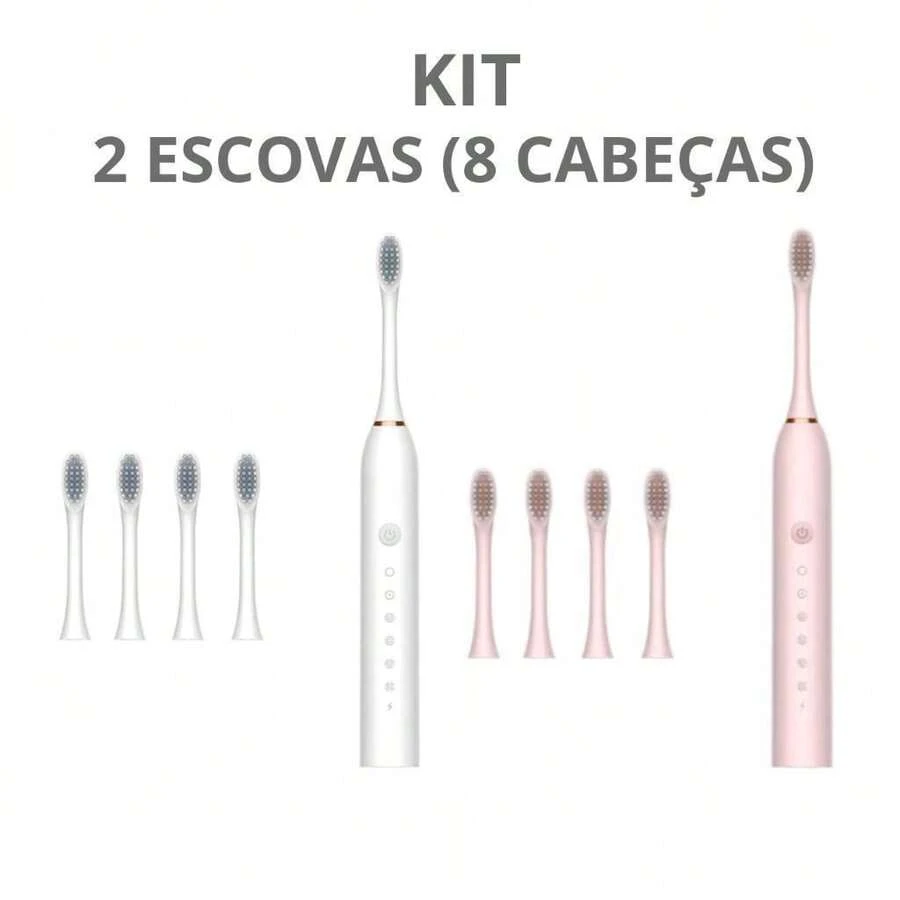 Kit Of 2 Rechargeable  Electric Toothbrushes IPX7 Waterproof 7 Modes Ultrasonic / 8 Heads - Pink+White Kit - View 1