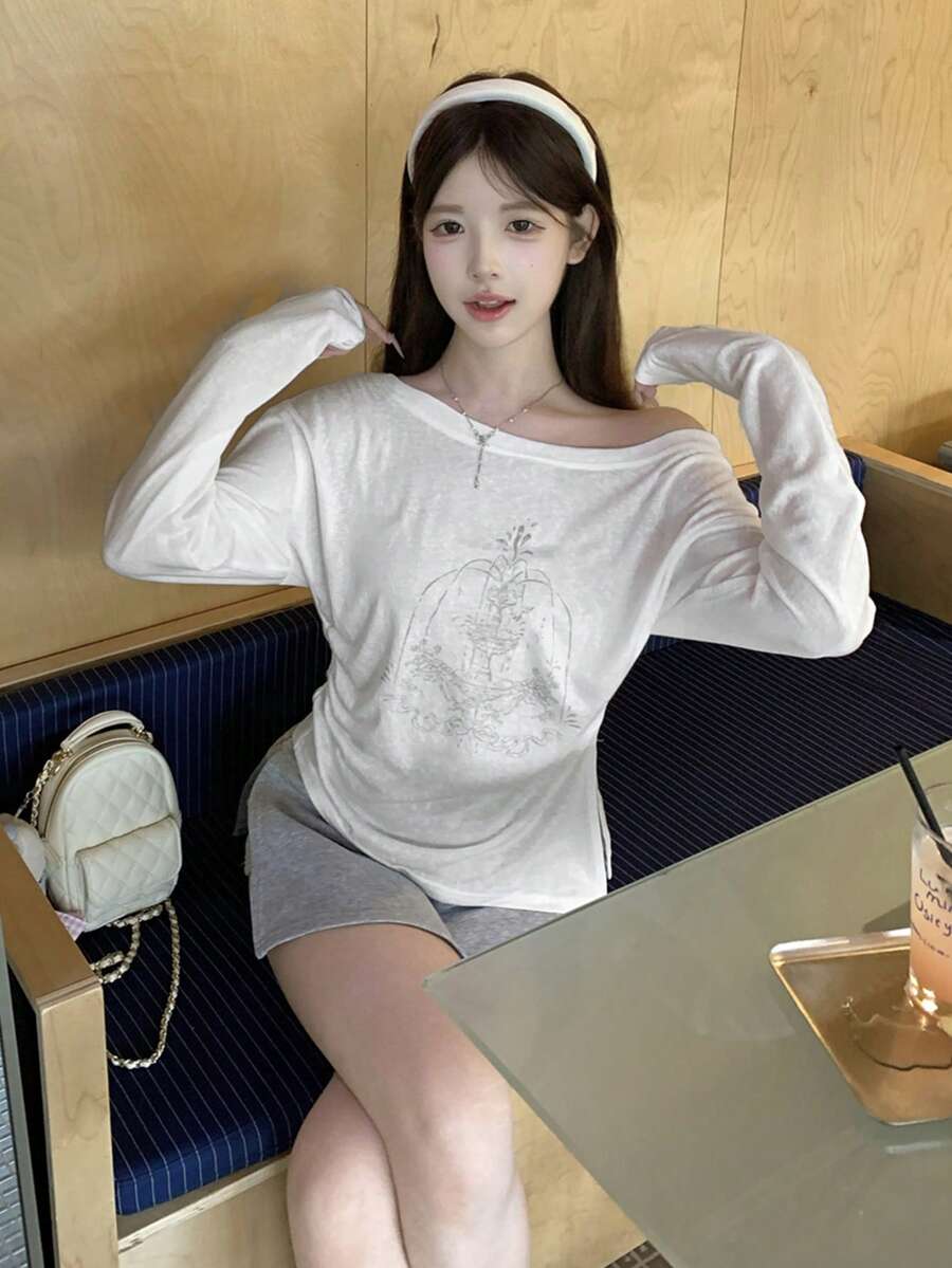 Casual Oblique Shoulder Printed Lightweight Long Sleeve Outerwear T-Shirt, Stylish Top For Women - White - View 1