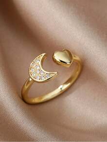 1 chiếc nhẫn hình trái tim đính đá Cubic Zirconia thời trang dành cho nữ, chất liệu thép không gỉ, kiểu dáng hình học, thích hợp làm quà tặng đám cưới hoặc dự tiệc. - Vàng 2 - Xem 5