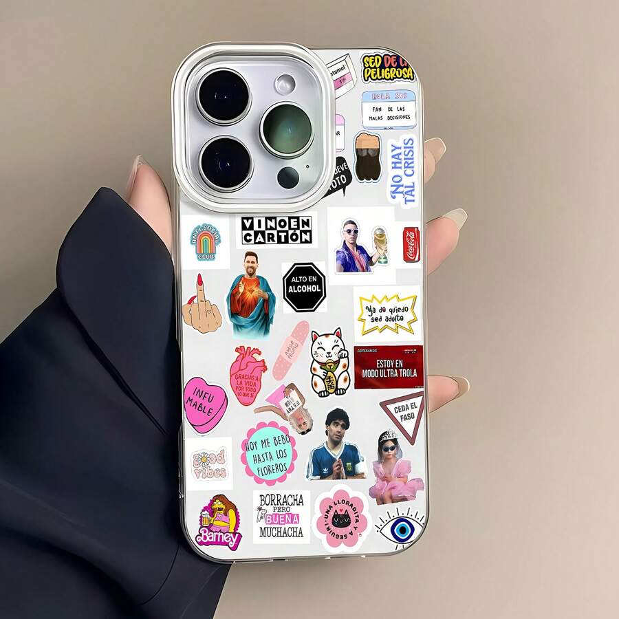 Estuche para teléfono con patrón de pegatinas de colores compatible con 17, 16 Pro Max, 15 Pro Max, 13 y 12, resistente al agua, a las caídas y a los arañazos. Un gran regalo para familiares, amigos, amantes, novios/novias y el Día de San Valentín. - Blanco - Ver 1